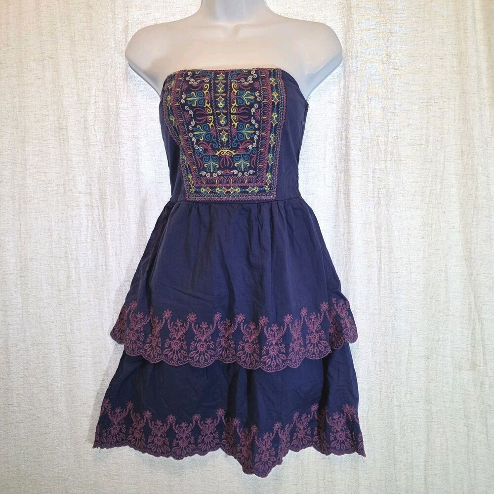 Flying Tomato Blue Strapless Dress Embroidered Tiered Skirt Boho Size Small